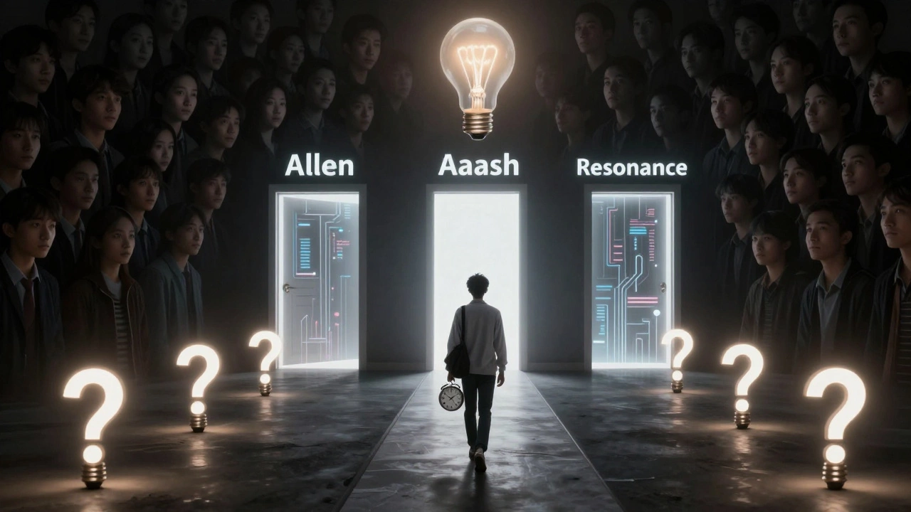 A lone student walks a path of transforming question marks toward three glowing coaching institutes.