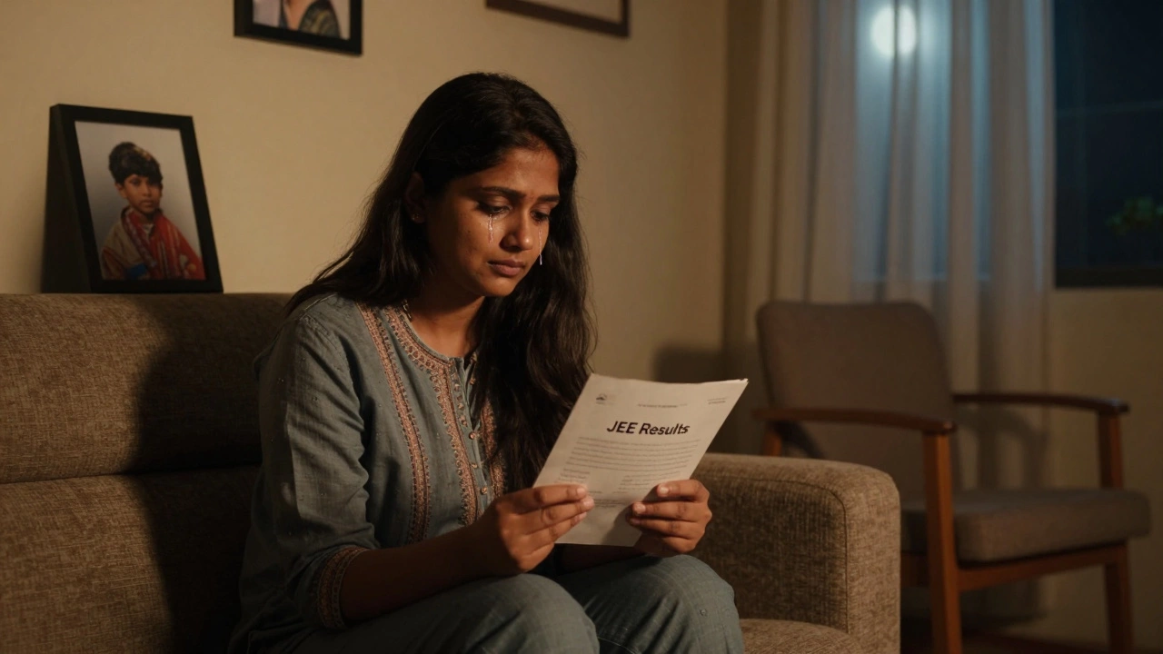 A mother holding exam results, alone in a quiet room under moonlight.
