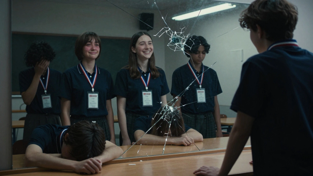 A person faces a fractured mirror reflecting different versions of themselves with exam ranks, symbolizing inner turmoil.