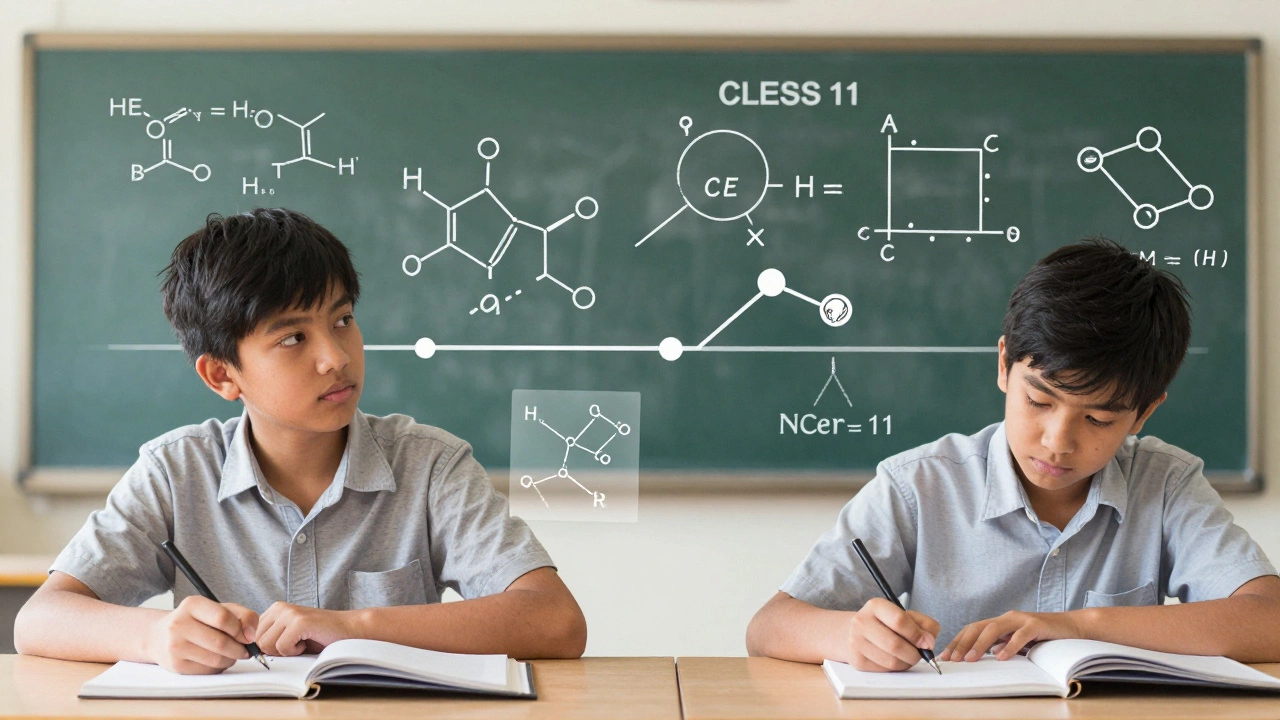 A student progressing from Class 10 math fundamentals to Class 11 JEE-level physics and chemistry concepts.