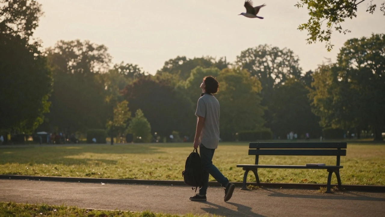 A student walks alone in a peaceful park at sunset, leaving behind their study materials, finding quiet release.