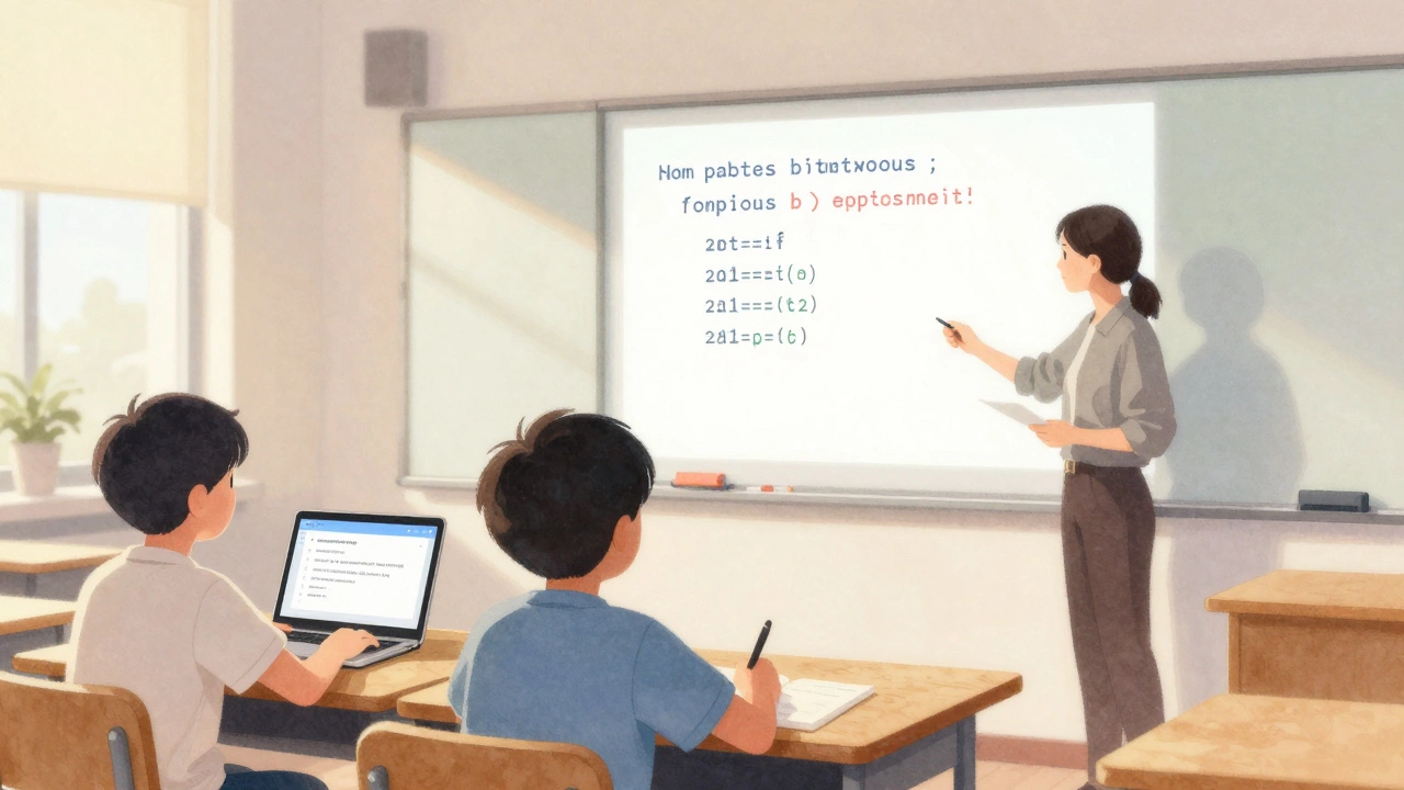 A teacher displaying a Python script on a whiteboard to generate math problems for students in a classroom.