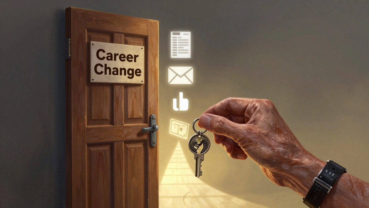 An older hand placing a Python-shaped key into a door labeled &#039;Career Change,&#039; symbolizing new opportunities.