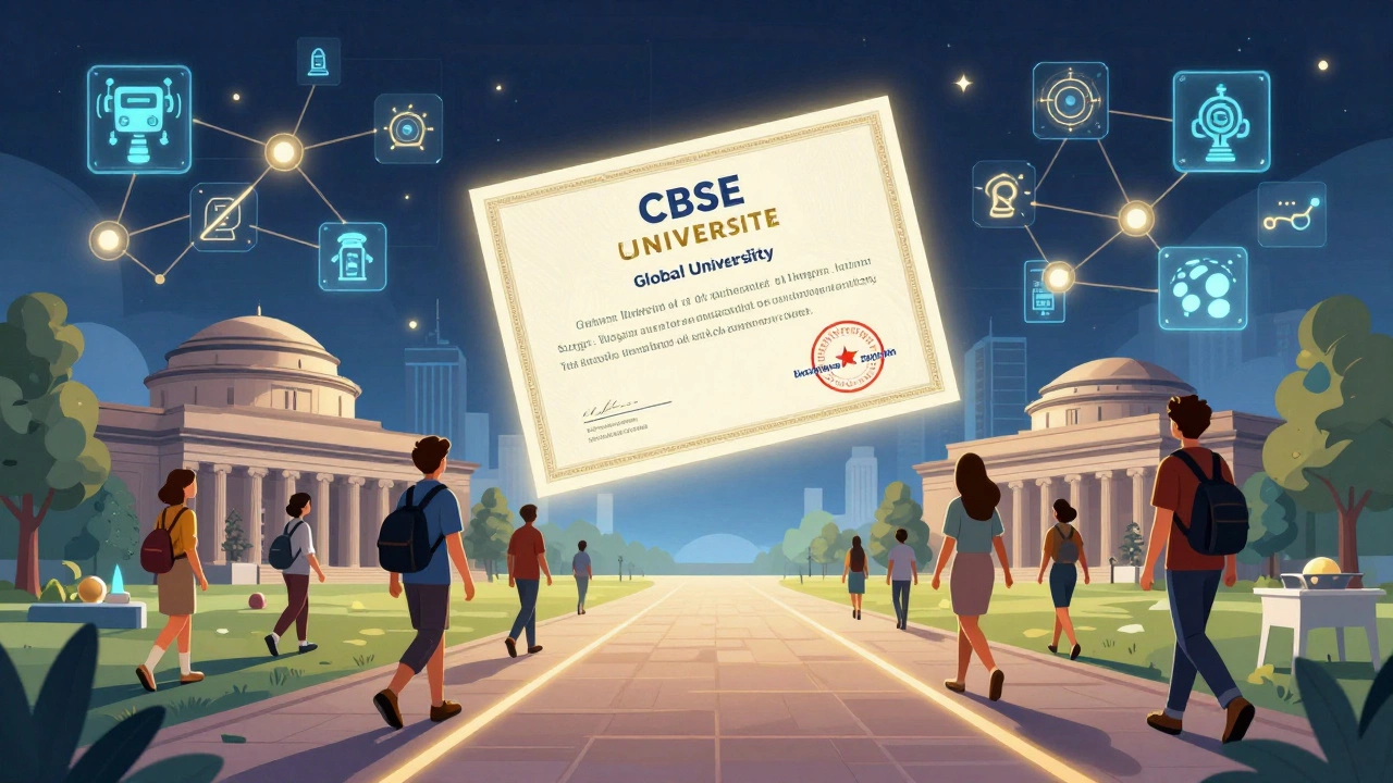 CBSE certificate floating above a path to global universities with AI and tech icons.