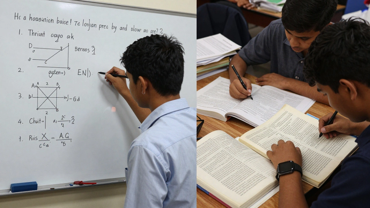 CBSE student solving JEE problem next to ICSE and state board students with outdated materials.