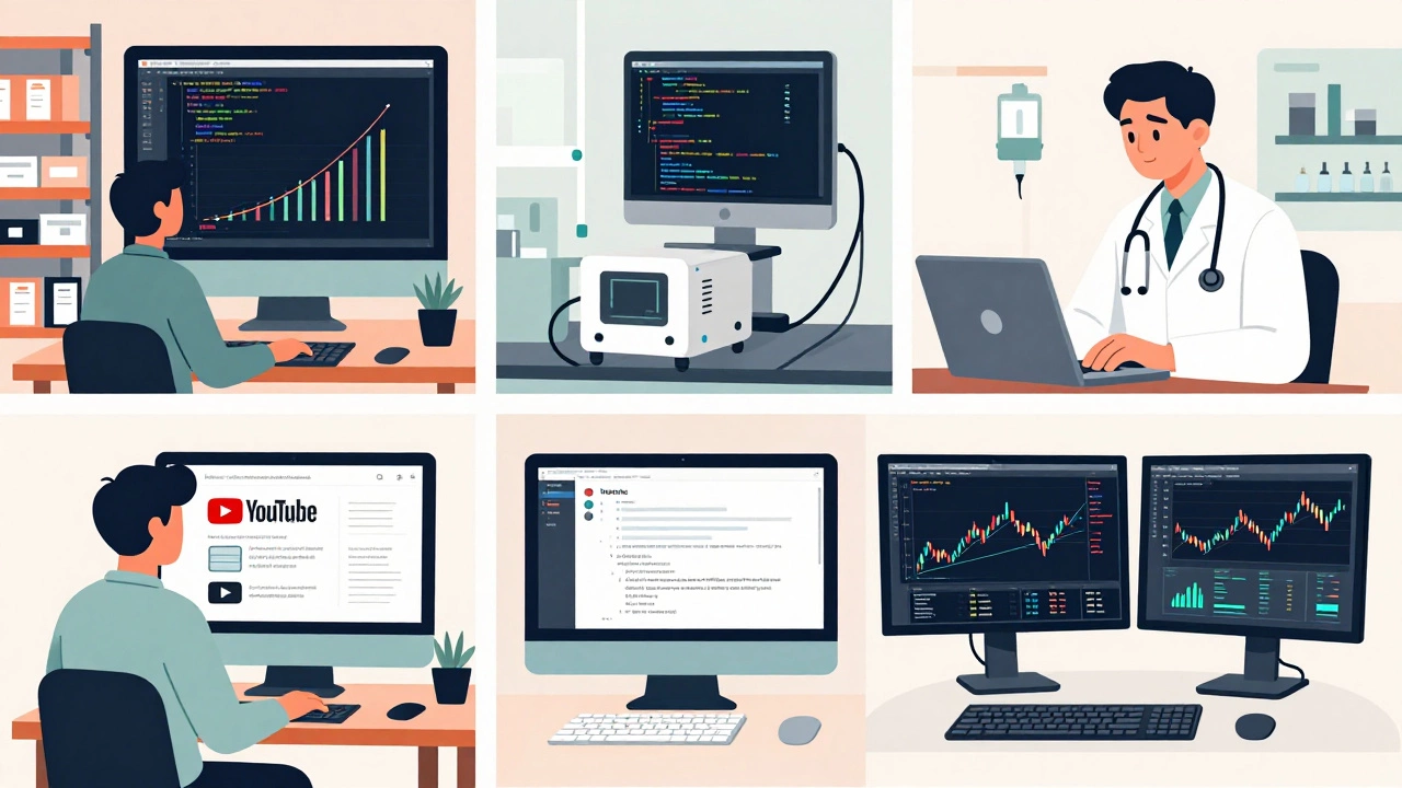 Collage of professionals using code in retail, healthcare, media, and finance with abstract visual elements.