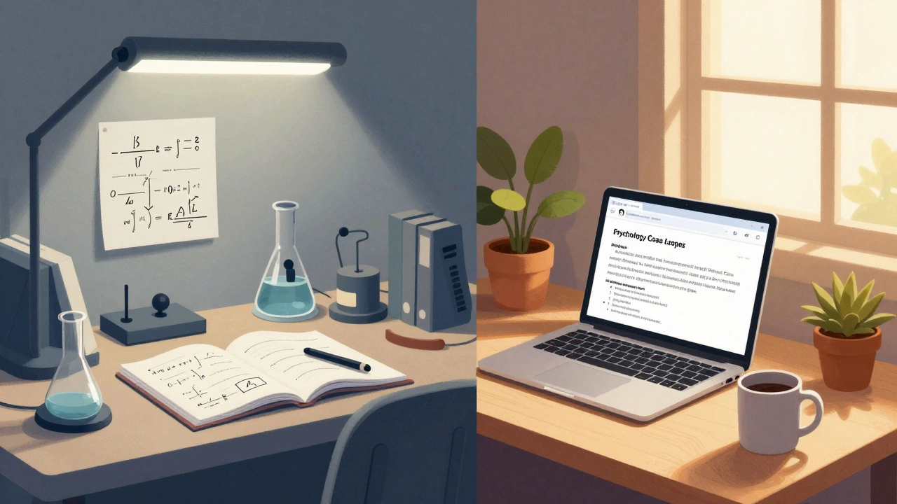 Contrasting study scenes: chaotic math lab vs. peaceful psychology reading nook.