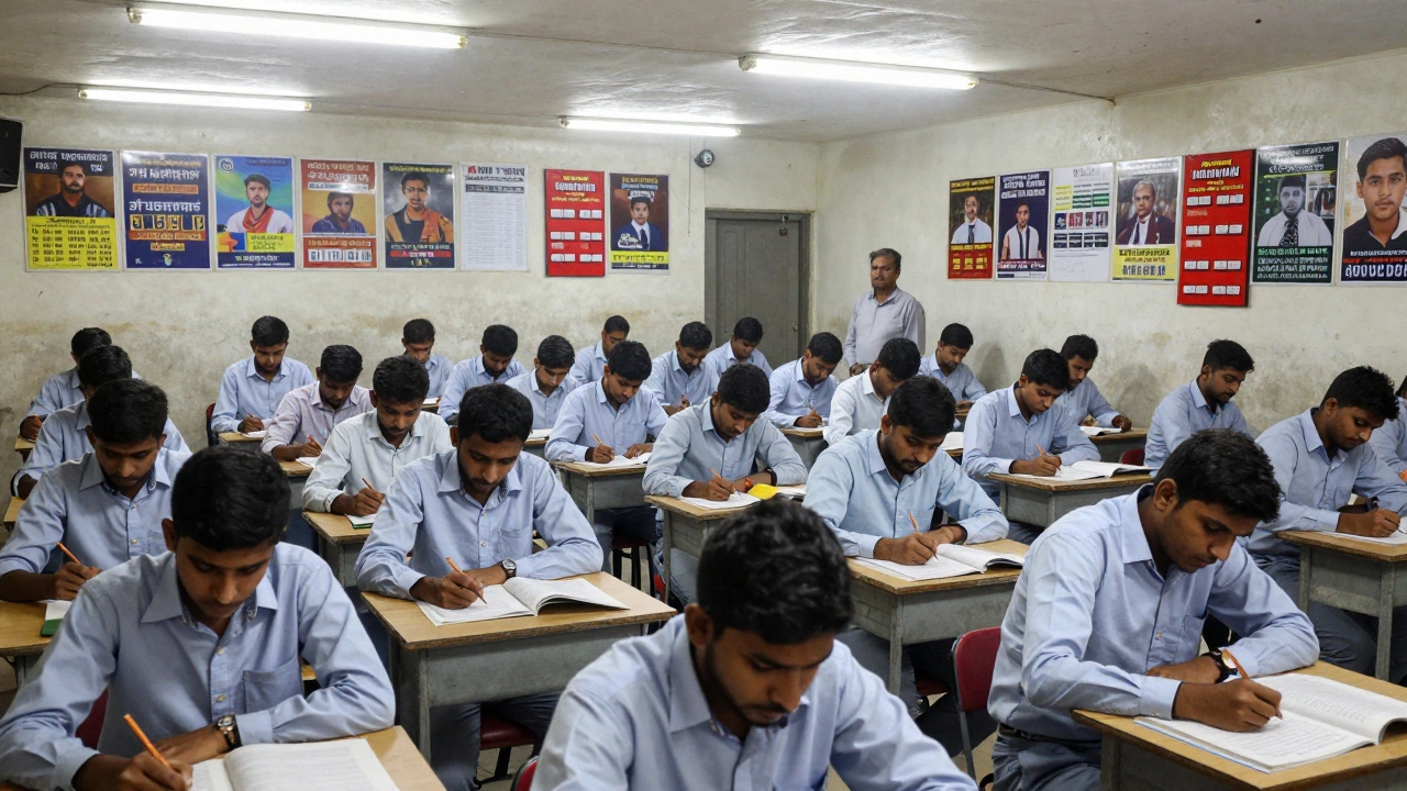 Hundreds of students taking a mock IIT JEE exam in a packed coaching center.