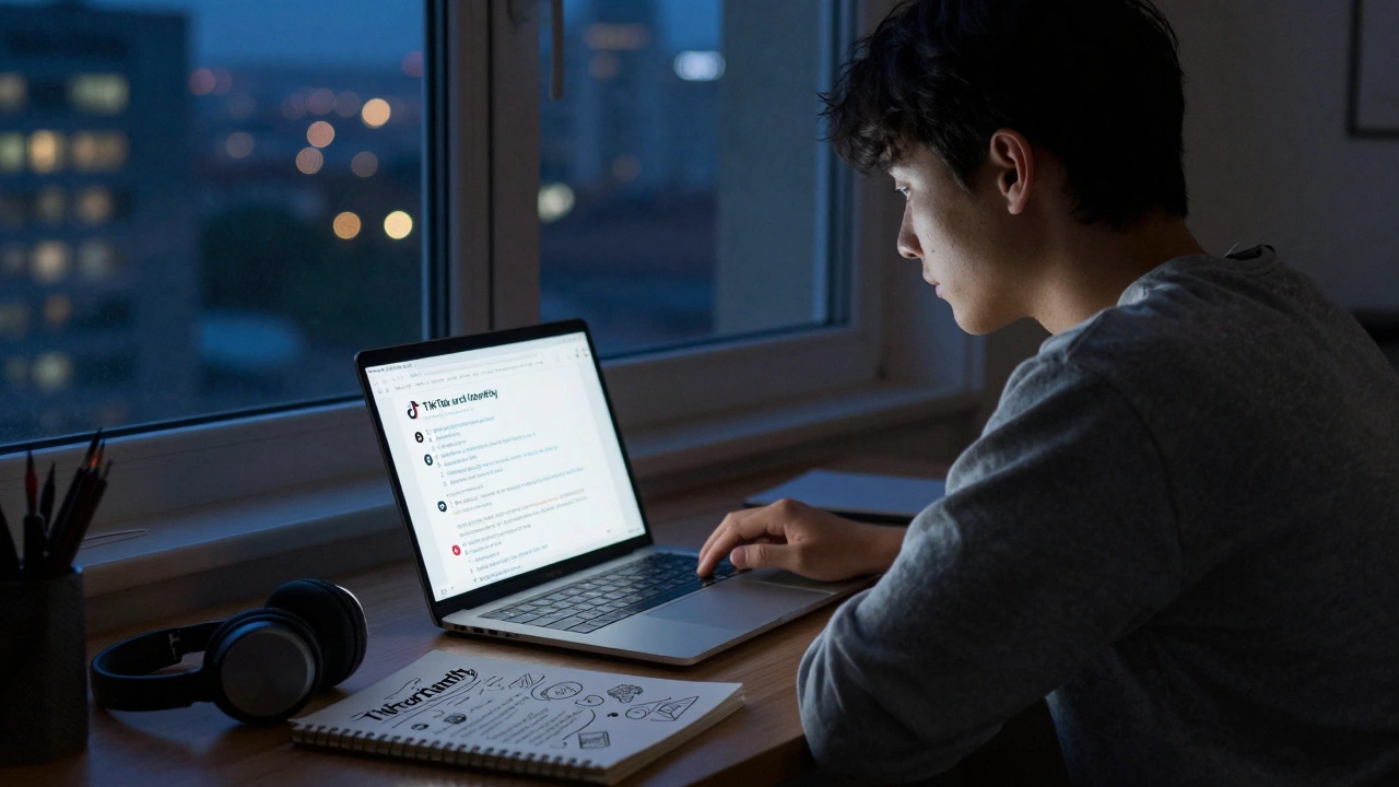 Nighttime online student engaged in a digital communications discussion, bathed in screen glow.