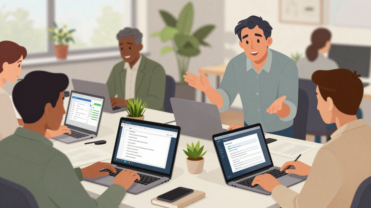 Professionals over 40 working together, using Python to automate spreadsheets and data tasks in a quiet office.