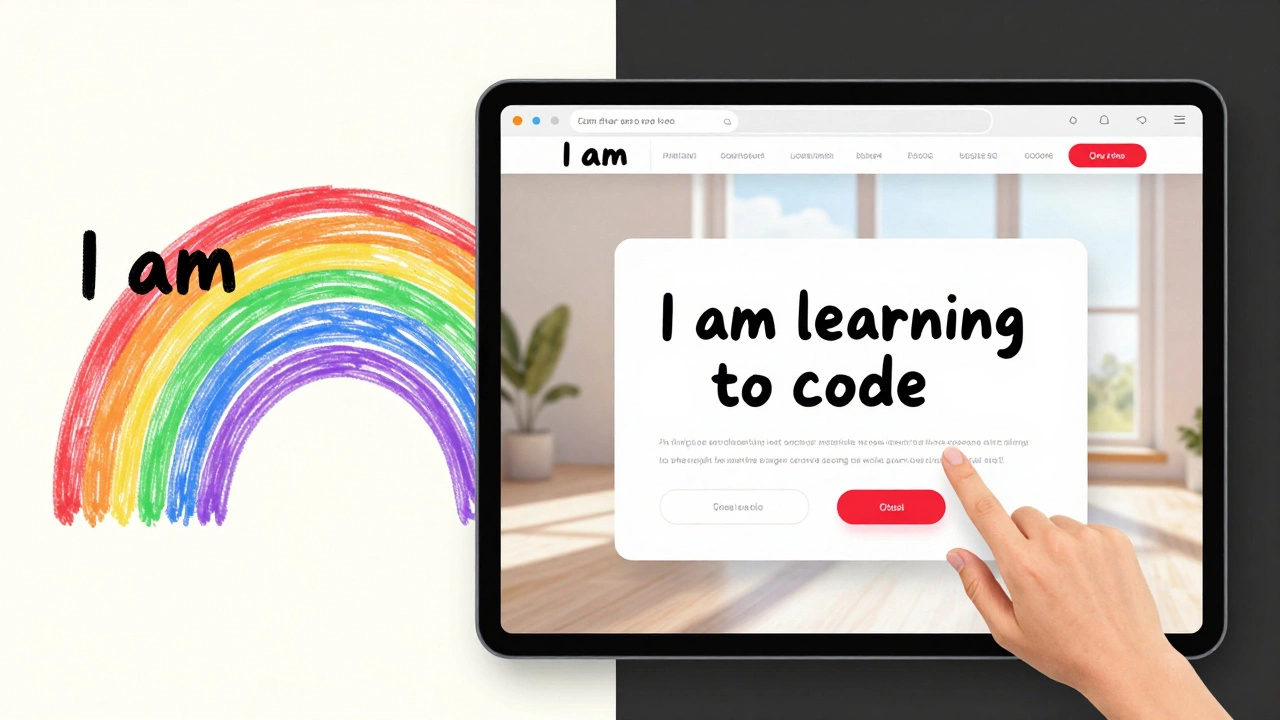 Side-by-side view of a hand-drawn rainbow webpage and its polished digital version with a red button being clicked.