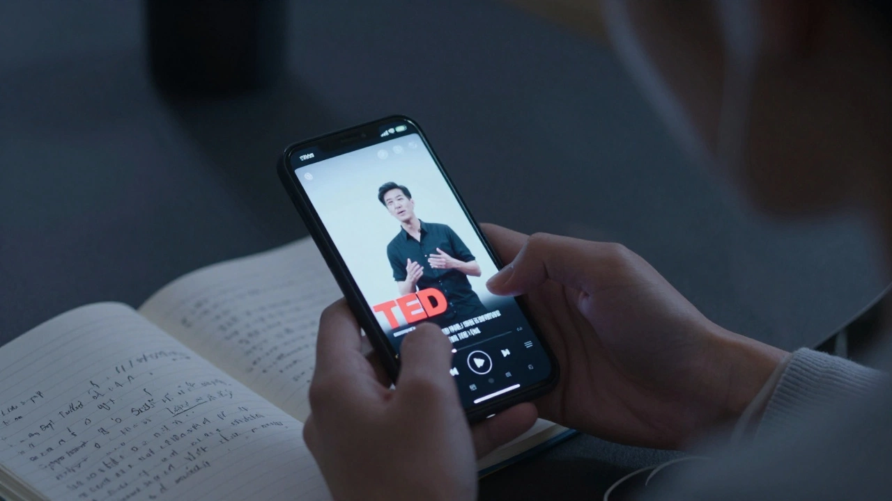 Someone shadowing a TED Talk speaker by repeating aloud, phone glowing in dim room.