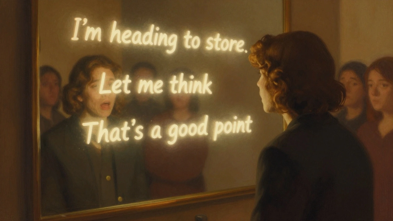 Someone talking to themselves in a mirror as glowing English phrases float around them.