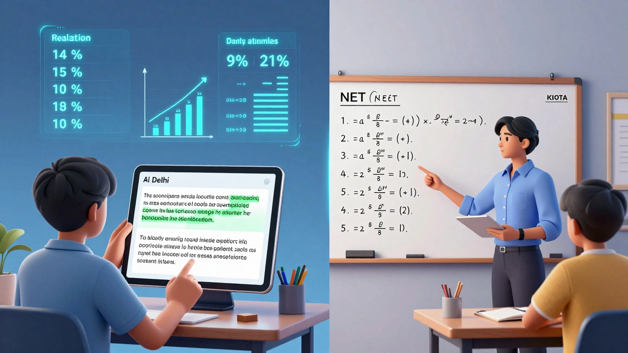 Split-screen showing AI-powered online learning and a Kota classroom with performance data.