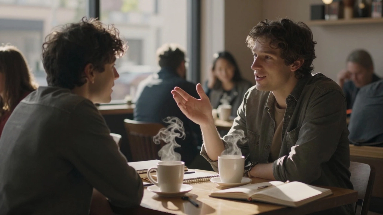 Two people having a casual English conversation at a café, one gesturing while speaking.