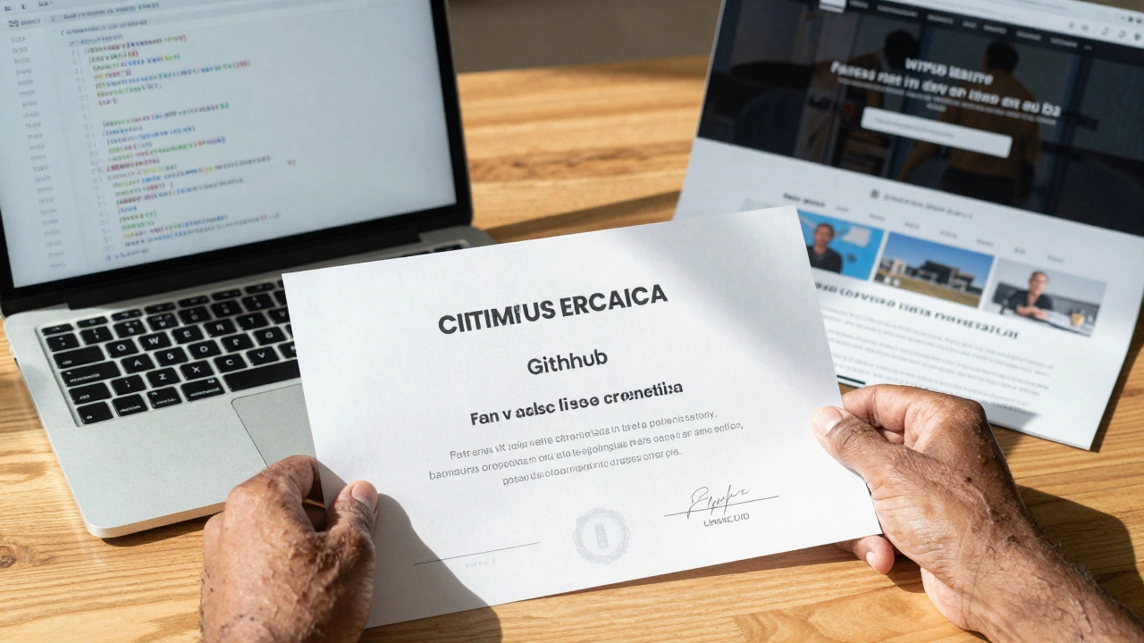 A hand places a certificate beside a laptop showing a GitHub portfolio and LinkedIn project post.