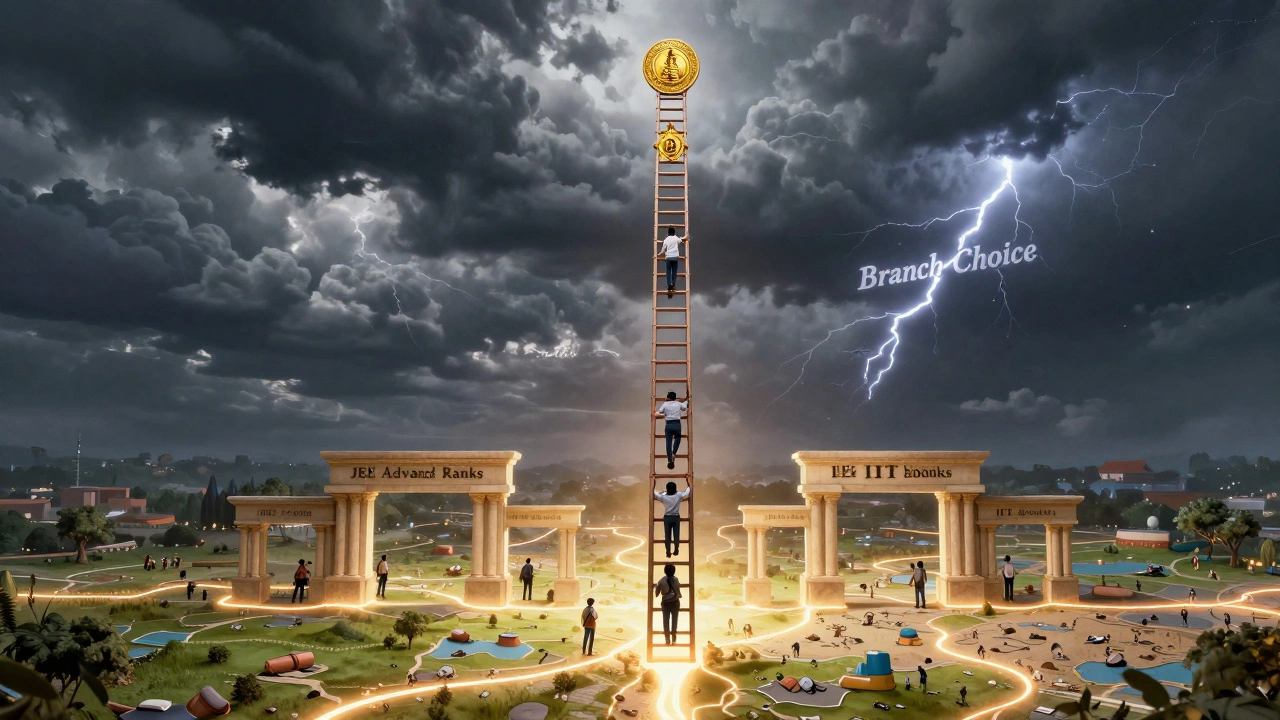 A symbolic ladder of JEE Advanced ranks leading to different IITs, with top ranks glowing at the summit.