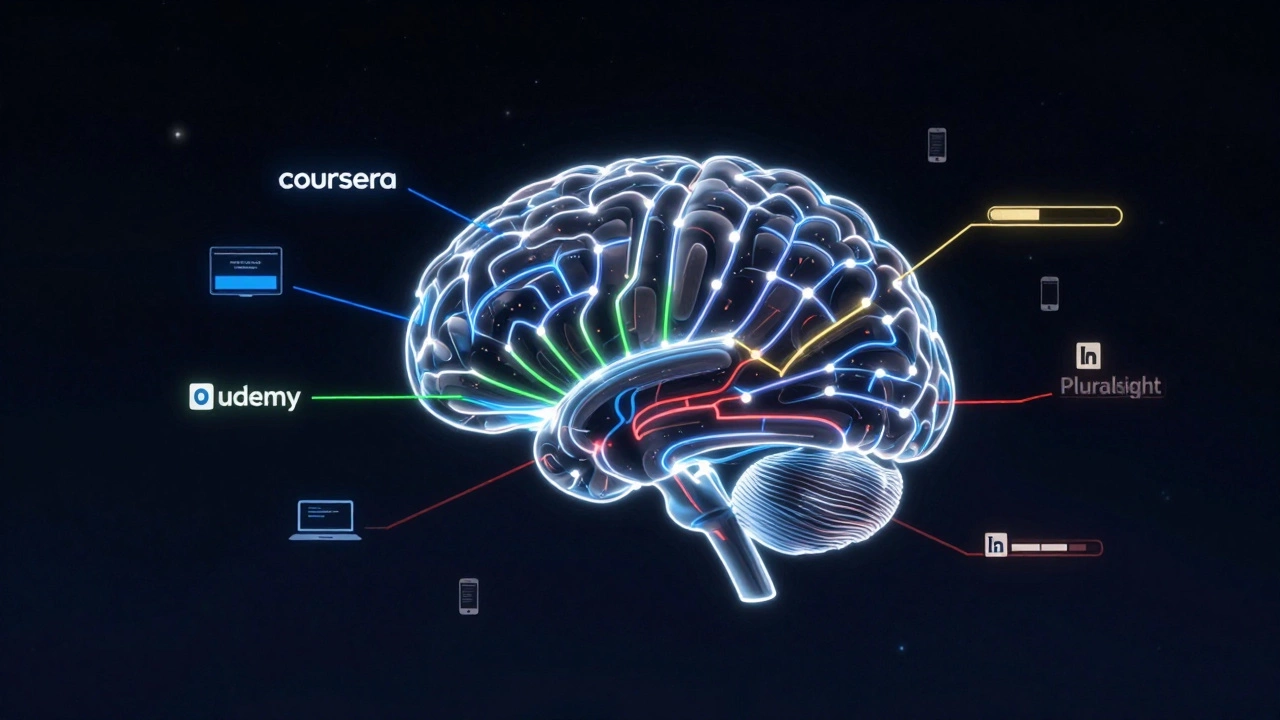 Abstract brain with neural pathways connecting to digital learning platform icons