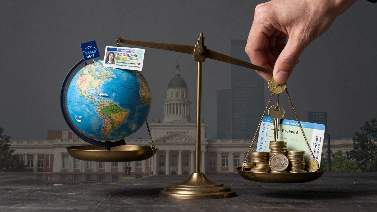 Balance scale showing study costs versus scholarships, with hand tipping it toward financial aid.