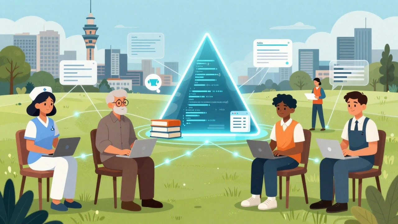 Diverse learners across the world connected by digital threads to a pyramid of knowledge from free courses.