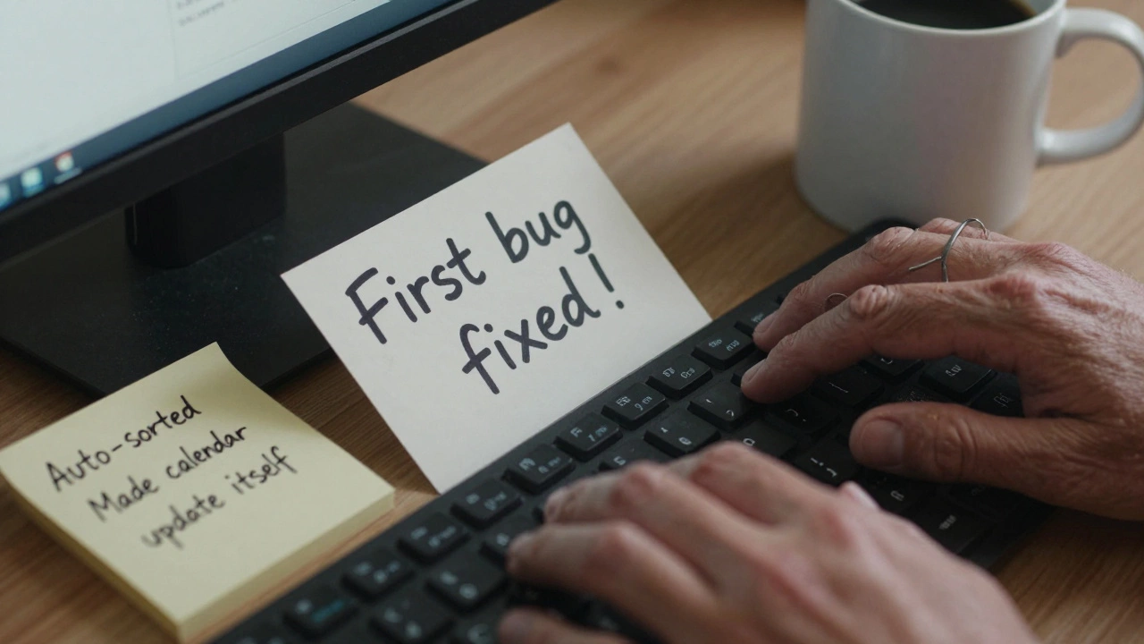 Elderly hands typing code with a handwritten list of small coding achievements beside the keyboard.