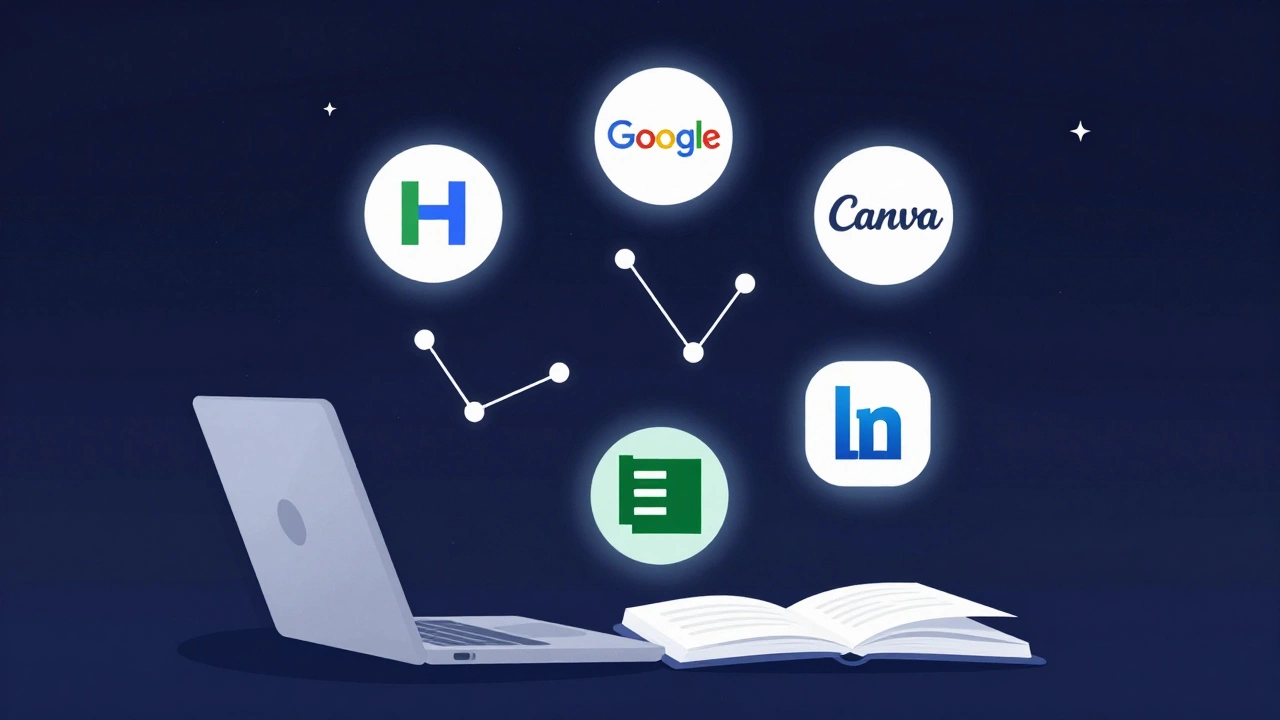 Five industry-recognized certification badges floating like stars above a laptop.