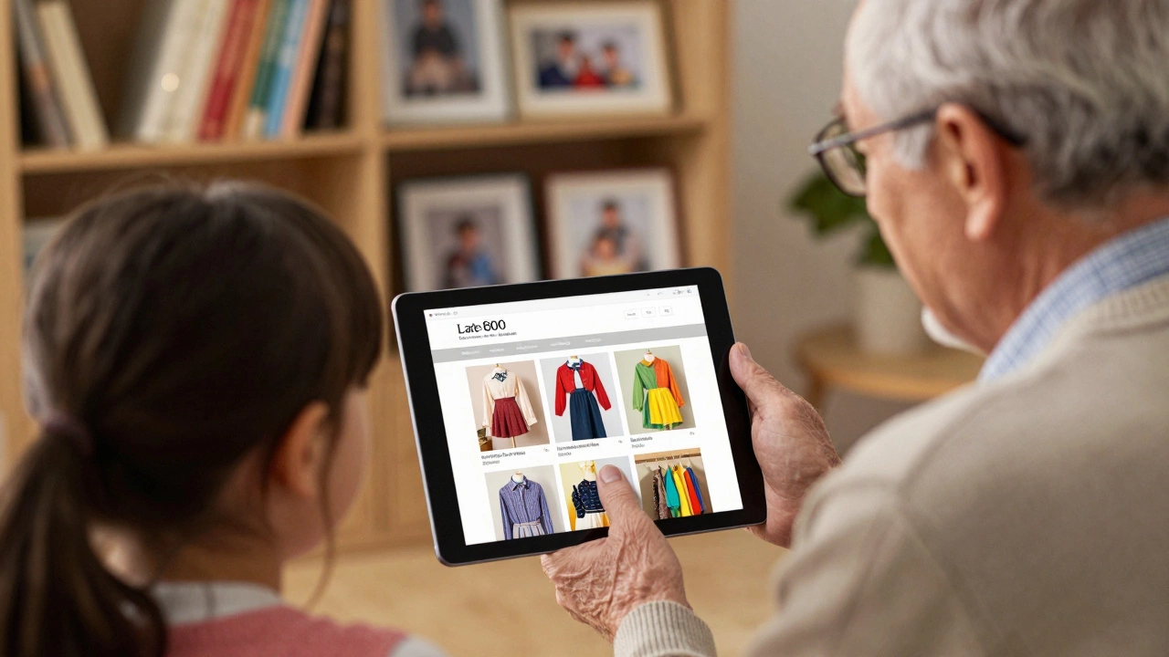 Grandfather showing a personal website with vintage clothing photos to his curious grandchildren.