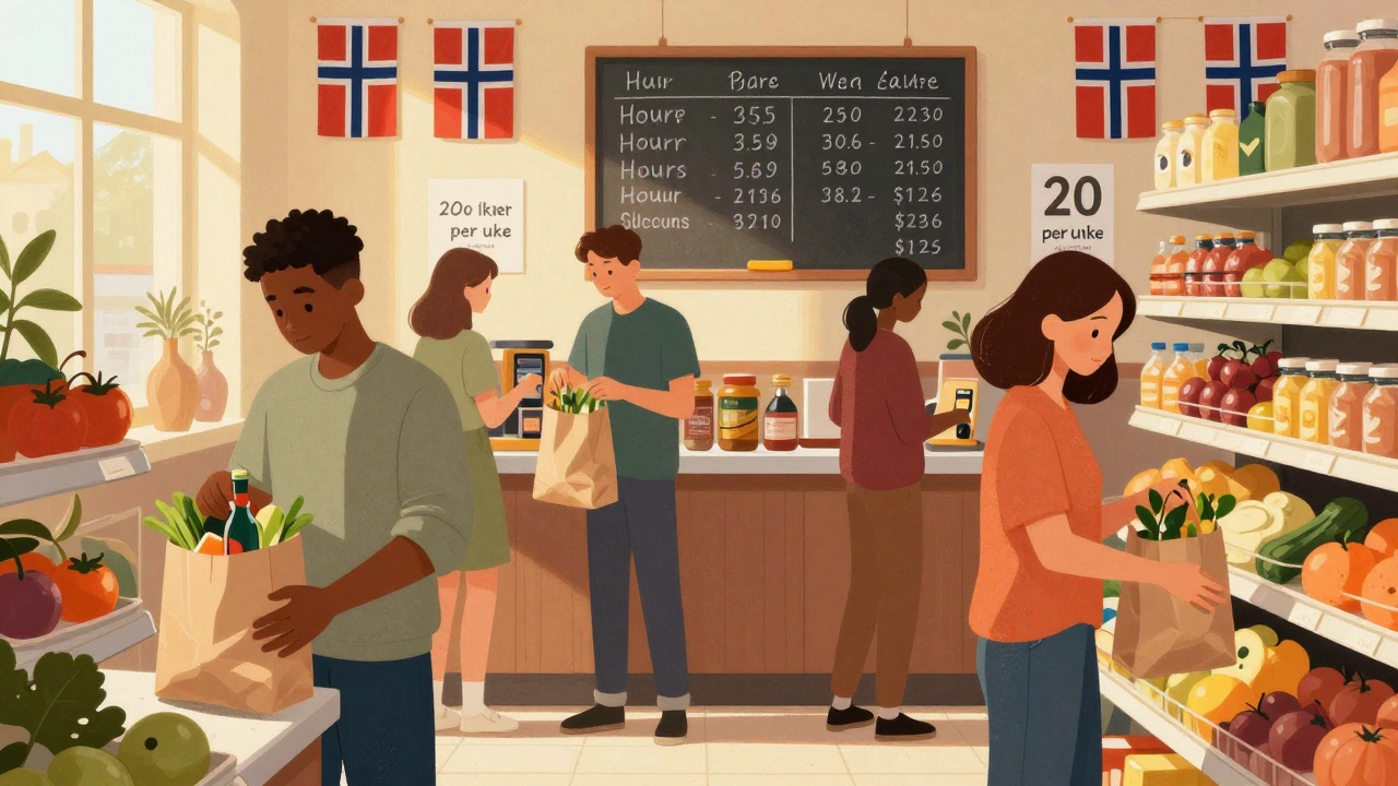 International students working part-time in a Norwegian grocery store with visa hours posted.