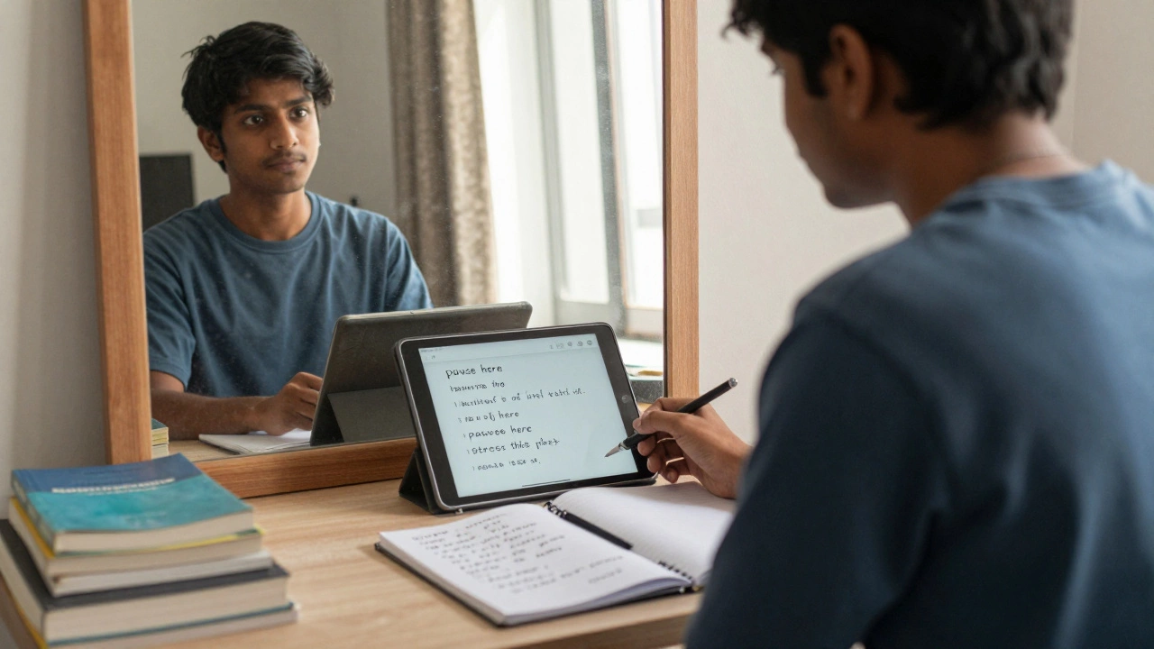 Student repeating TED Talk lines in front of a mirror while recording on a tablet.
