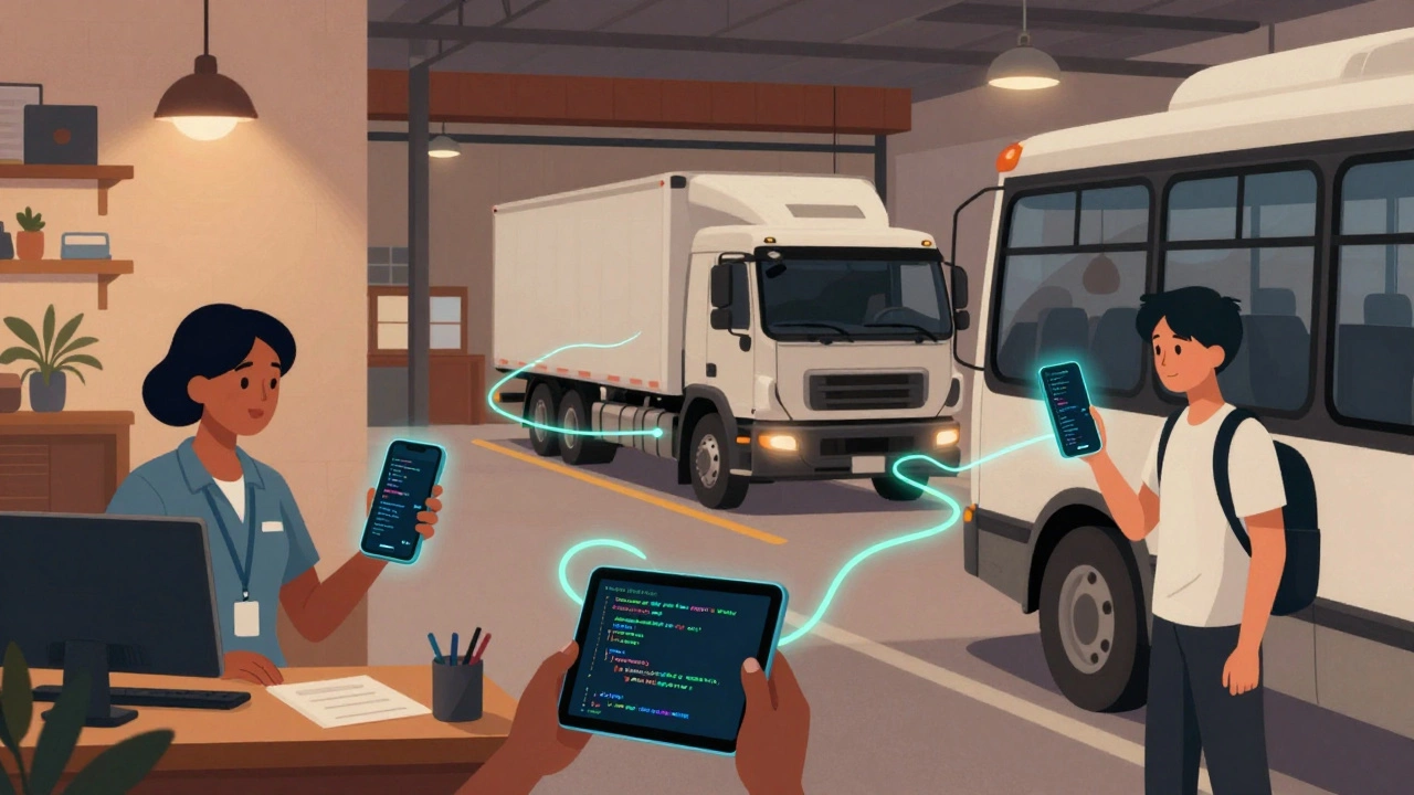 Three people coding in different settings connected by glowing lines of daily practice.