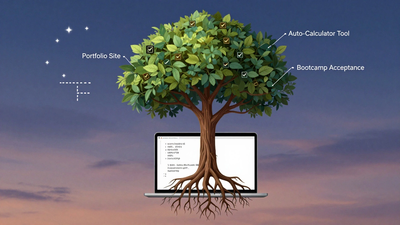 Tree growing from laptop with code roots and project fruit under a starry sky.