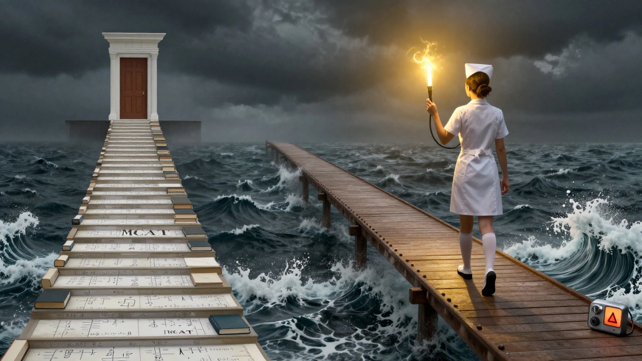 Two paths: academic staircase vs. stormy bridge with nurse holding stethoscope as beacon.