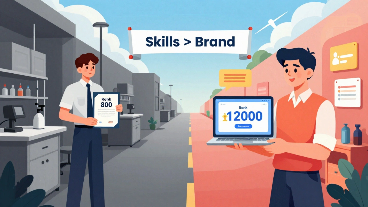 Two students on separate paths: one with high rank in a dull lab, another with lower rank but active in tech projects.