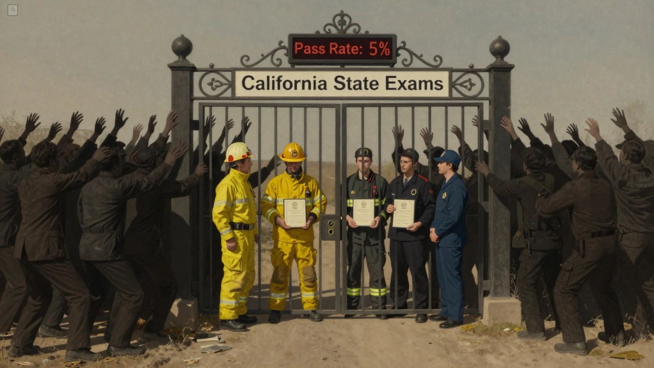A locked gate labeled 'California State Exams' with hundreds reaching toward it, only five passing through to become professionals.