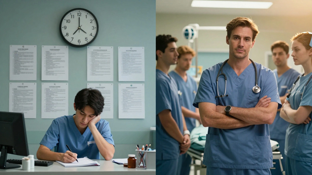 A student under exam pressure transforms into a confident medical professional, showing the journey from struggle to success.