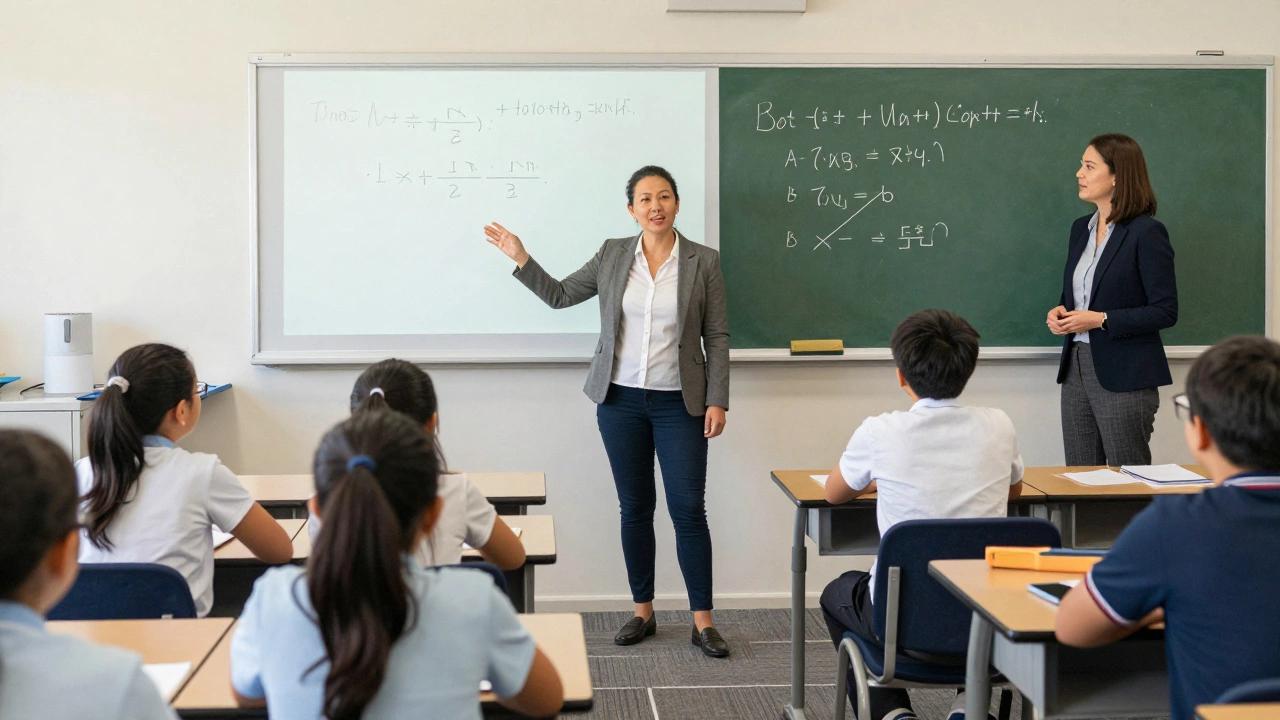 A woman teaching math to teenagers in a classroom while being observed by a mentor.