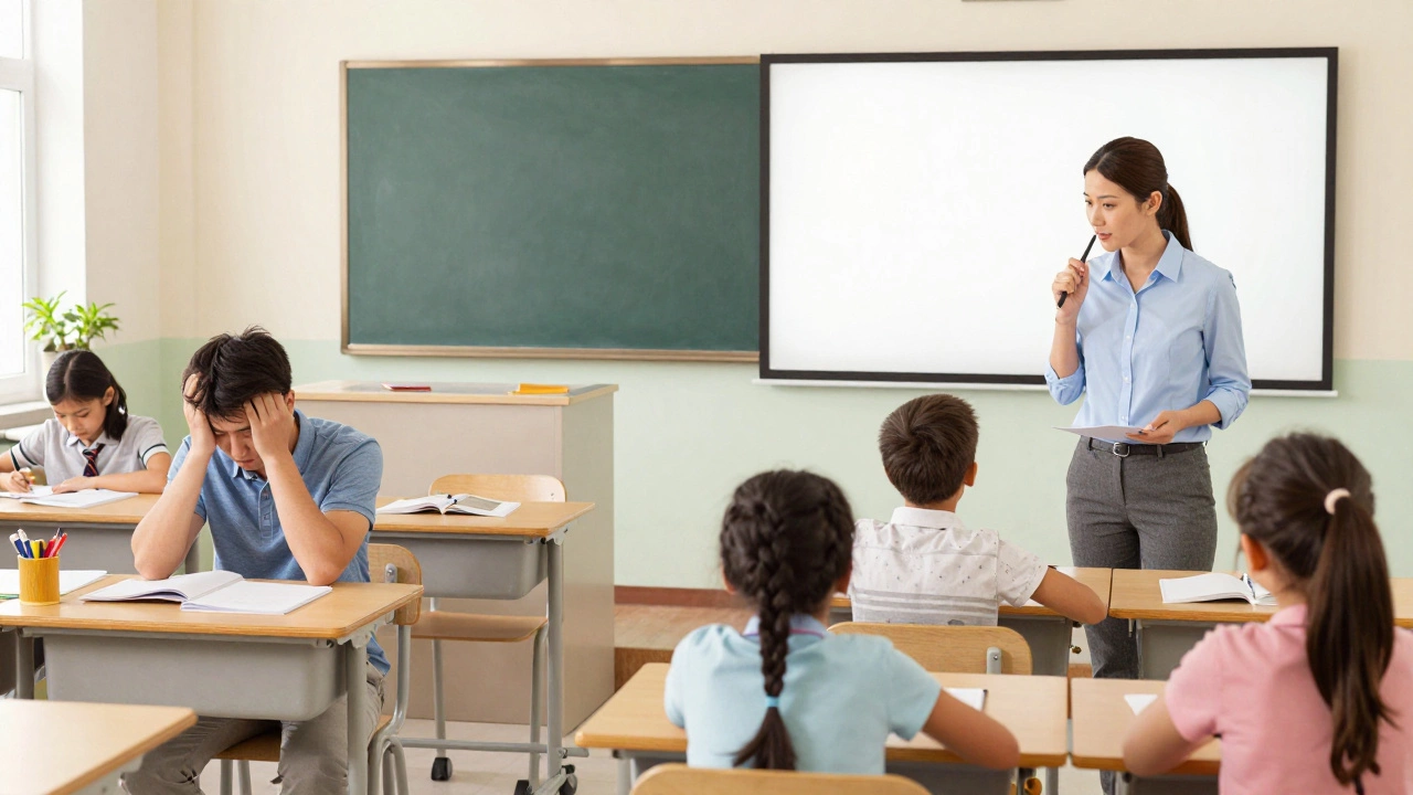 Contrasting images of chaotic vs. organized classrooms to show impact of teacher training.