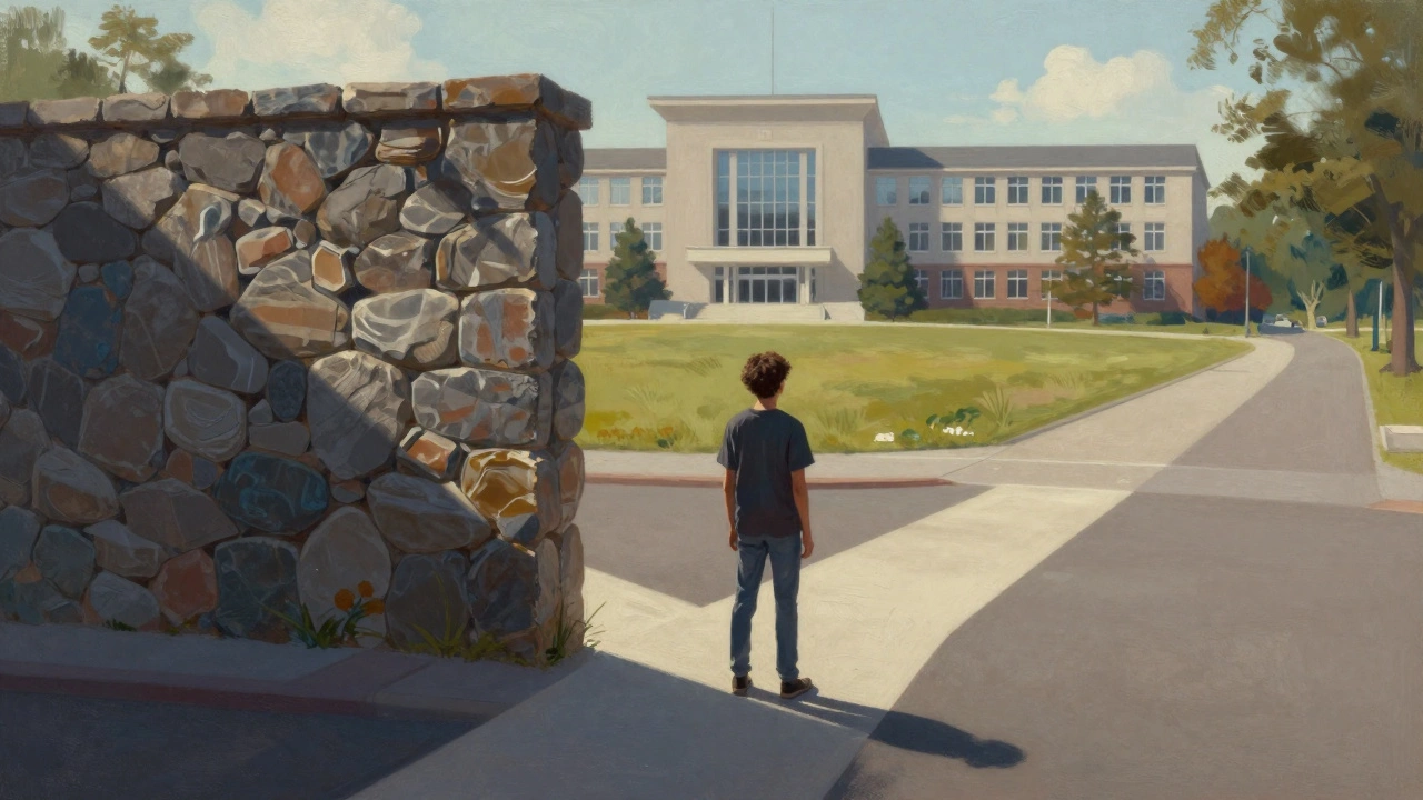 Student at crossroads with blocked path to top IIT and open path to newer campus