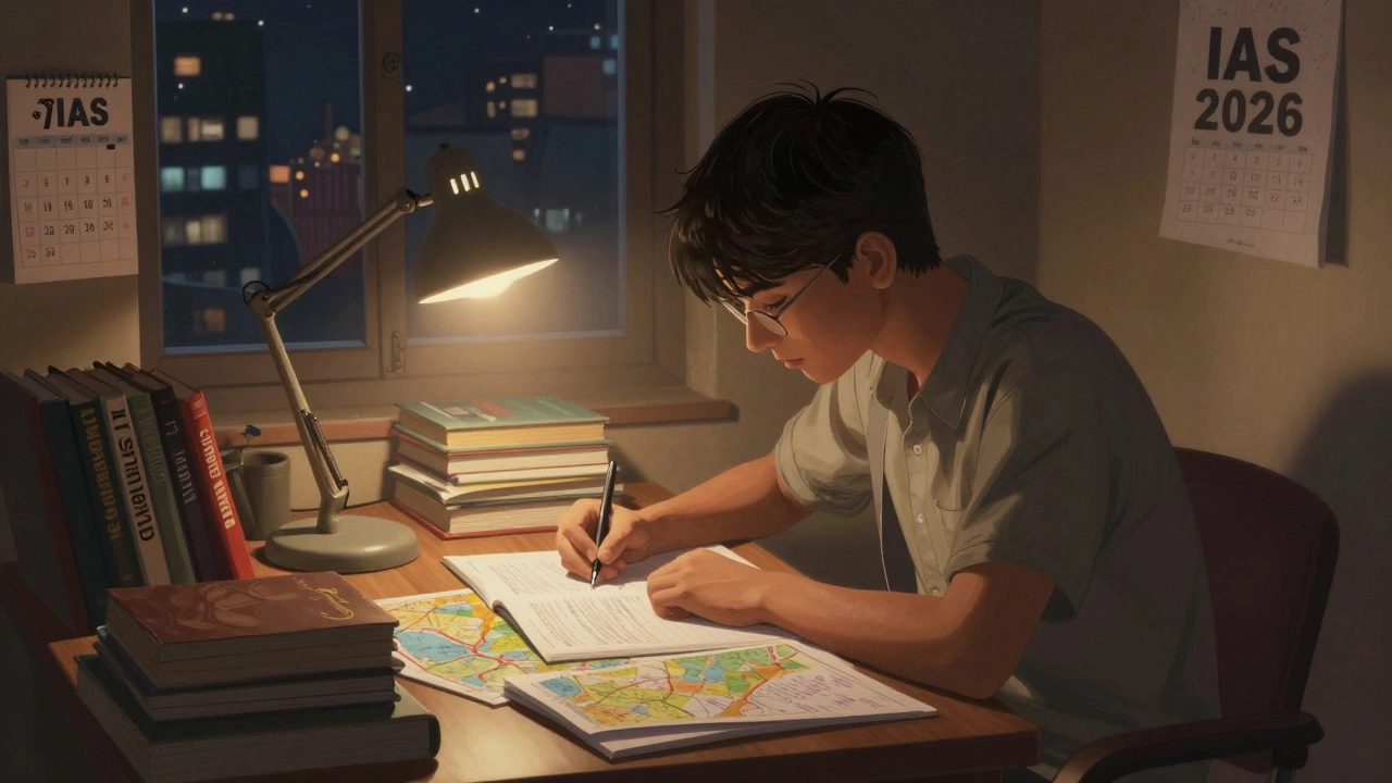 Young aspirant studying late at night with UPSC books and lamp, city asleep outside.
