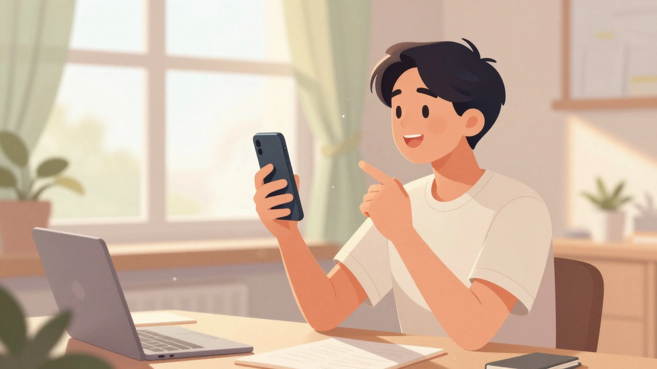 A learner recording their voice on a phone in a sunny room.