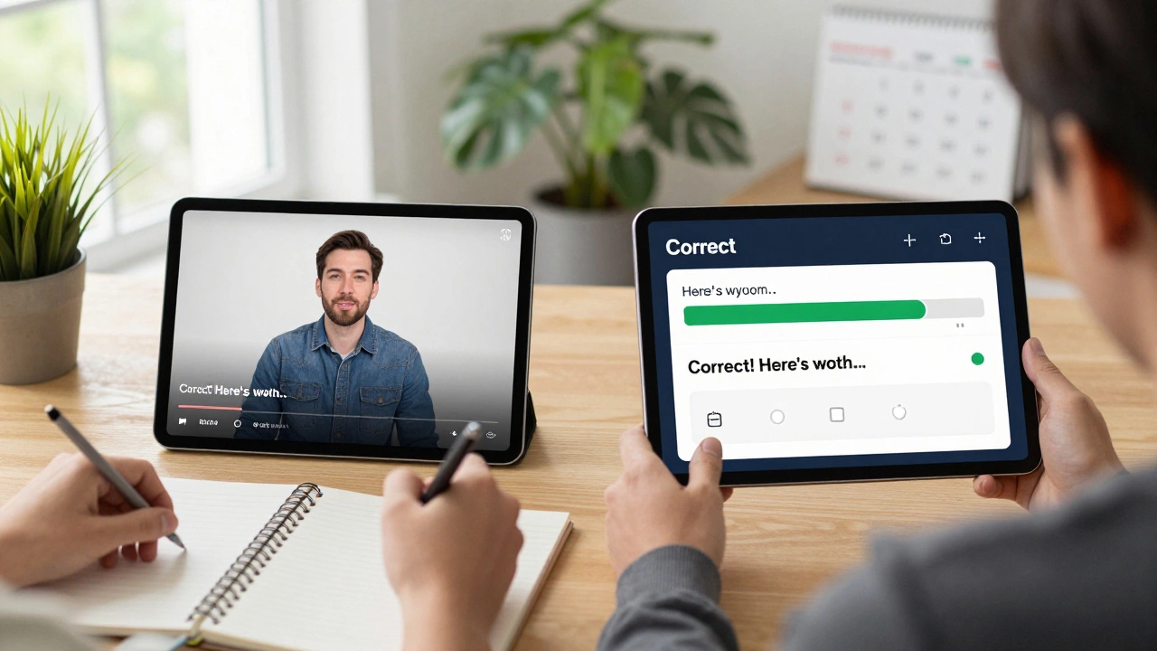 A learner watching a lesson on a tablet while completing an interactive quiz with instant feedback.