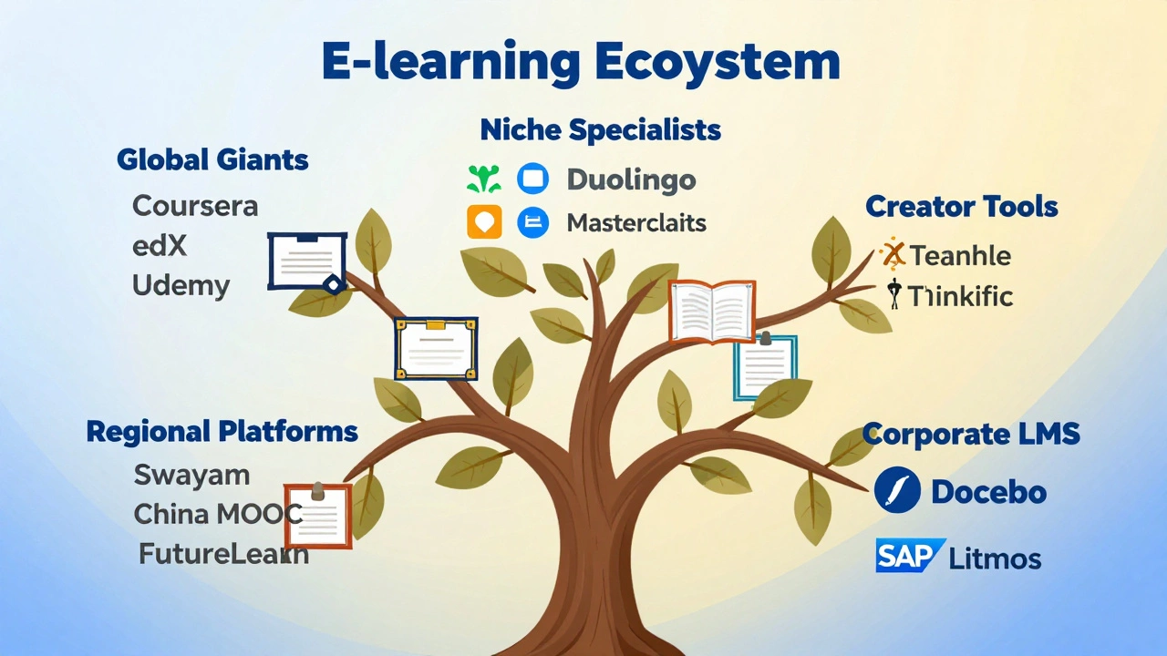 A tree diagram showing categories of e-learning platforms with symbolic leaves representing certificates and learning tools.