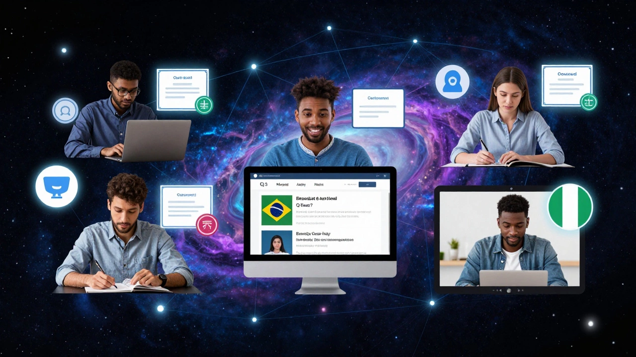 Diverse learners interacting globally through an eLearning platform with certificates and project badges.