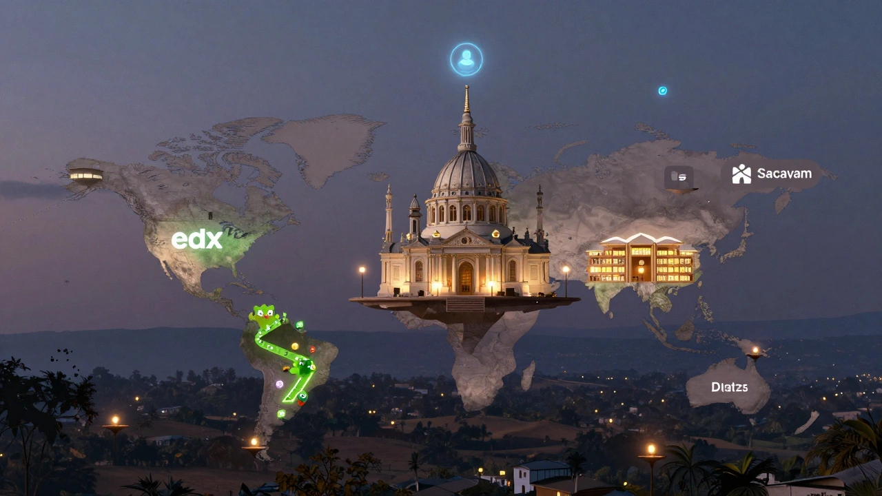 Floating digital education platforms above a world map, lit by AI orbs and micro-credential badges at dusk.