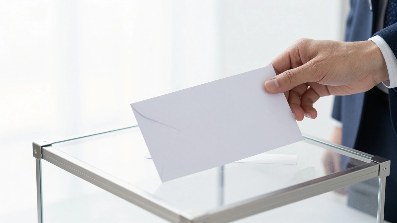 Hand placing envelope in official submission box