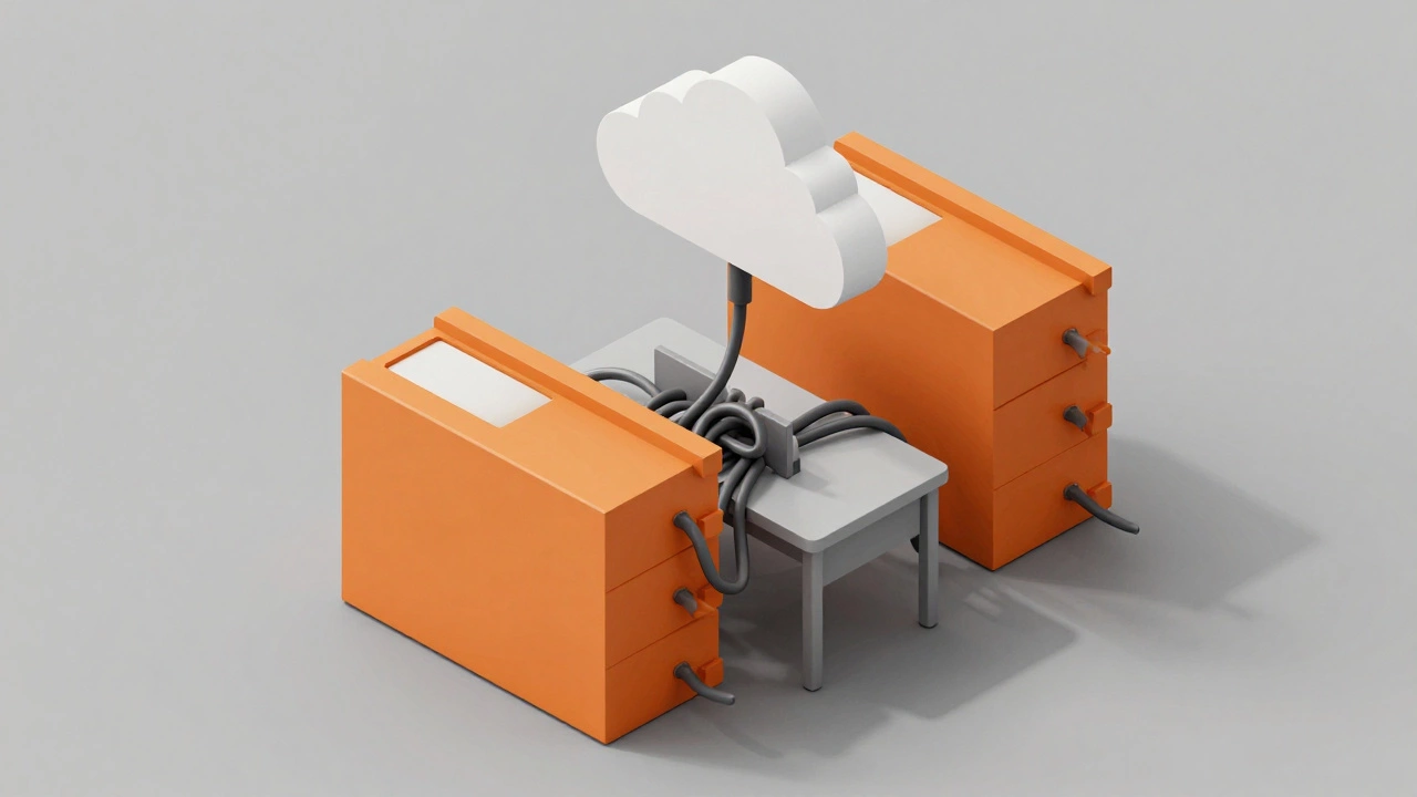 Heavy data blocks weighted down by cables near desk