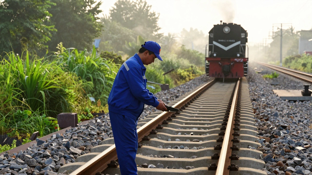 Railway worker inspecting tracks at sunset