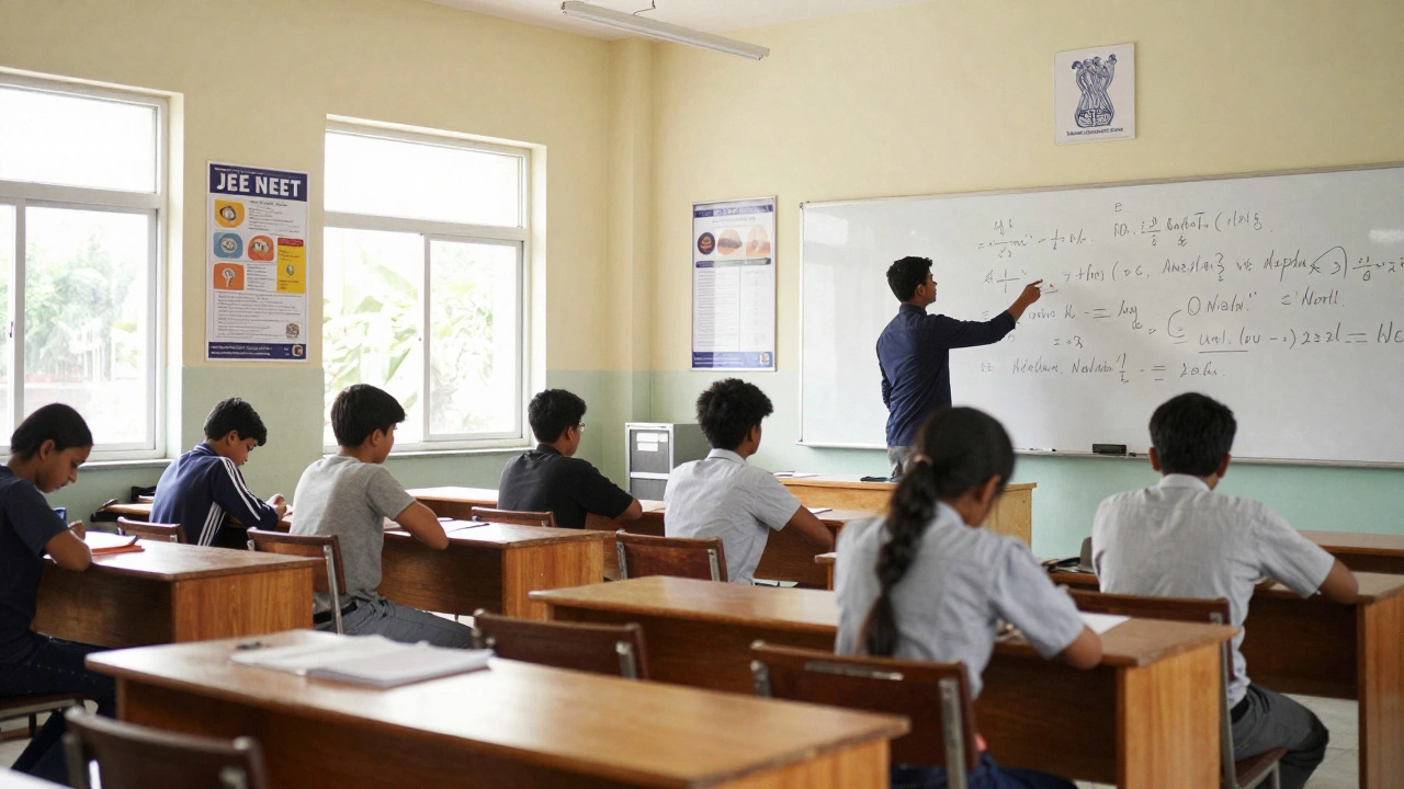 Students in a modern CBSE classroom in Uttar Pradesh taking an exam, with JEE and NEET posters on the wall.