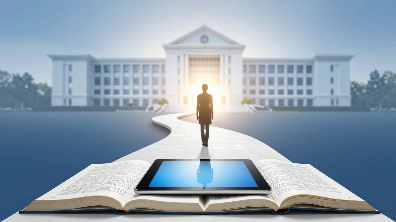 A path of textbooks leading towards a medical college building