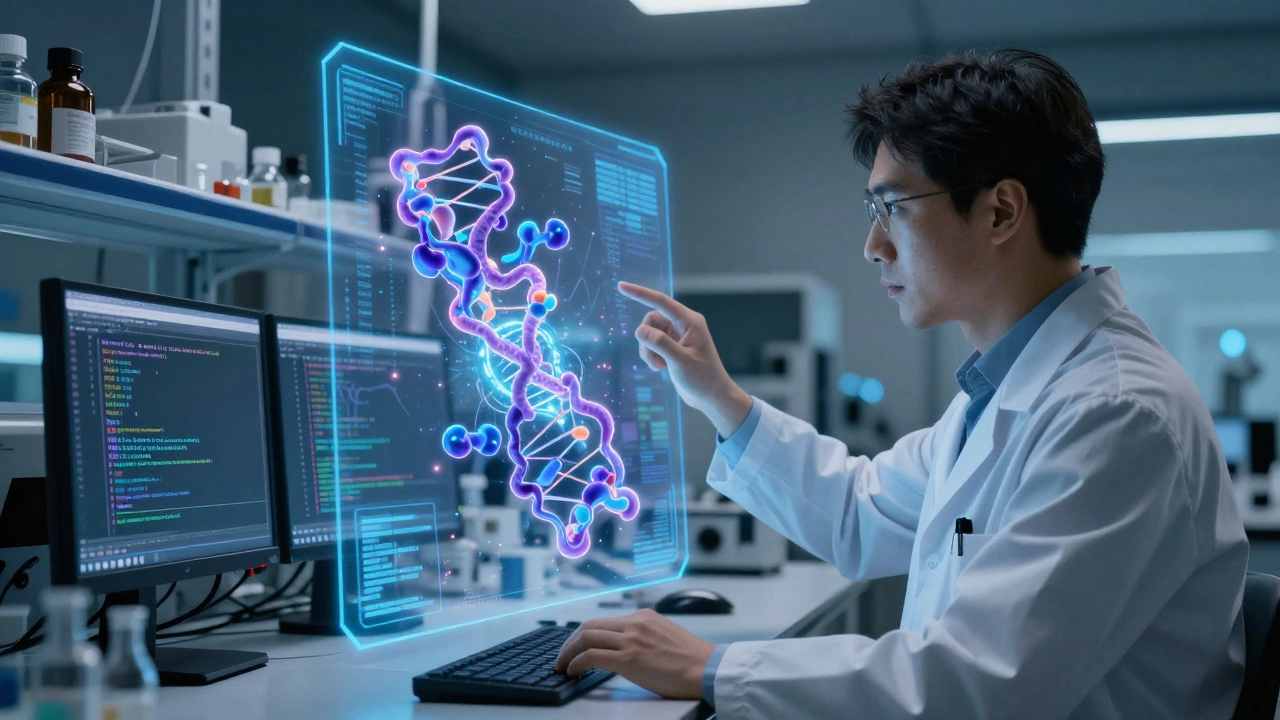 A scientist interacting with a holographic 3D protein structure in a biotech lab.